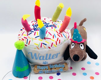 SET HUNDEGEBURTSTAG personalisierte Hundespielzeuge bestehend aus Torte, Plüschtier, Partyhut, personalisierten Leckerlis und Heliumballon
