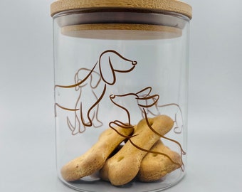 Süßes Leckerliglas tobende Dackel. Für Hundebelohnung Hundesnacks Dose Glas mit Holzdeckel und Aufkleber Hundemotiv Teckel Dachshund
