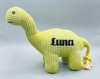 Personalisiertes Hundespielzeug Dino Plüschtier grün blau Dinosaurier mit dem Namen Deines Lieblings! Cord Zergel Squeaker Hundegeschenk