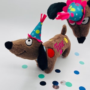 Personalized Dachshund Plush Toy PARTYANIMAL with your dog's name, party hat, squeaker, puppy, turquoise, gift