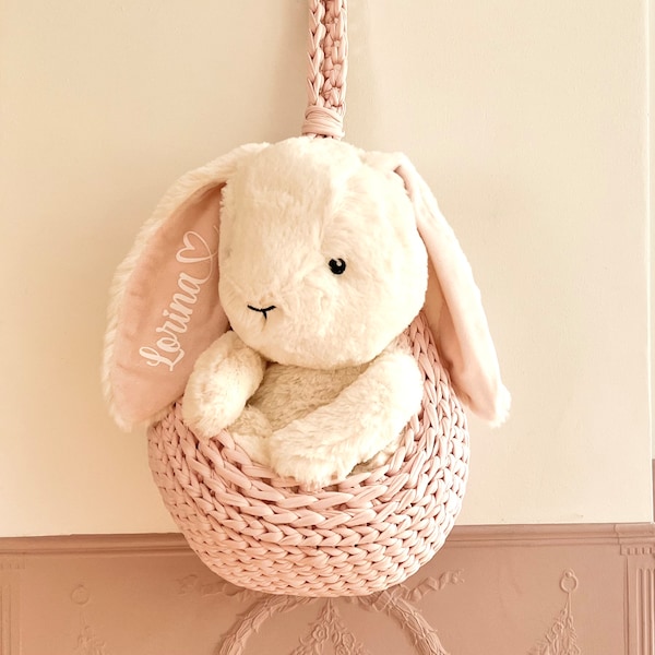 Kuscheltier personalisiert Hase Baby Geschenk zur Geburt mit Namen. Rosa Weiß Plüschhase Plüschtier Babygeschenk Babyshower Geburtstag