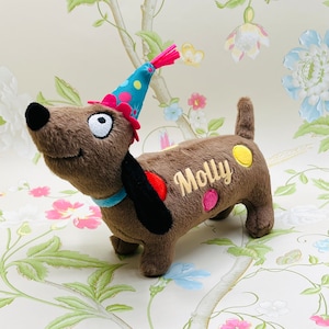 Personalisiertes Hundespielzeug Dackel Plüschtier PARTYANIMAL mit Namen Deines Lieblings Partyhut Squeaker Welpe Teckel Party Hund türkis