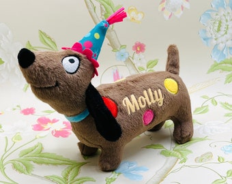 Personalisiertes Hundespielzeug Dackel Plüschtier PARTYANIMAL mit Namen Deines Lieblings Partyhut Squeaker Welpe Teckel Party Hund türkis