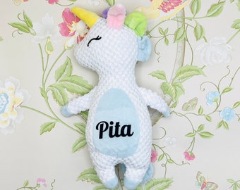 Hundespielzeug Plüschtier Einhorn personalisiert mit dem Namen Deines Lieblings Rosa Hellblau Gelb Weiss Grün Regenbogen Unicorn Welpe