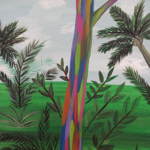 Rainbow Eucalyptus Tree, 11x14 Acrylic Painting, Rainbow Tree, Gum Tree, Hawaii Painting Original, Eucalyptus Tree, Tropical Painting