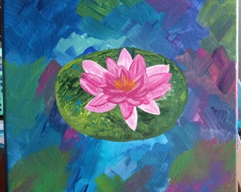 Waterlily Painting, 10x10 Painting, Original Painting on Canvas, Lotus Flower Painting, Water Lilies, Lily Pad Painting, Pond Painting