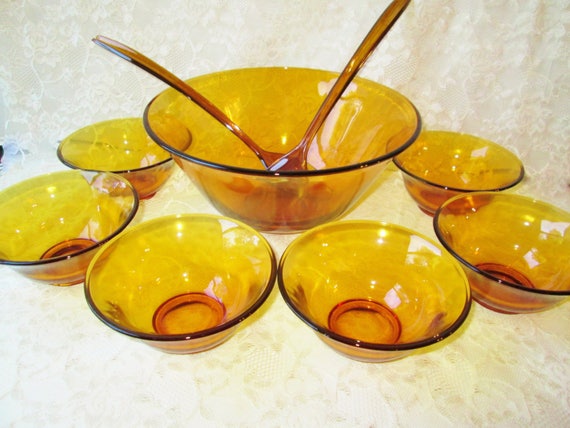 Indiana Glass Golden Amber Salad Bowls Set Vintage Clear 9 Piece w Fork & Spoon Home Kitchen Dining Serving Set 1- 10" bowl 6 -5" bowls