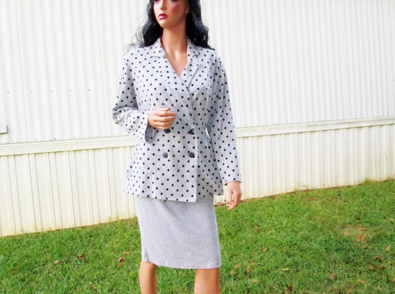Women Skirt Suit Gray Black Polka Dot Split Back Skirt Double Breast Blazer Jacket Pencil Skirt Avon Newport News Office Work Sz 10 Casual