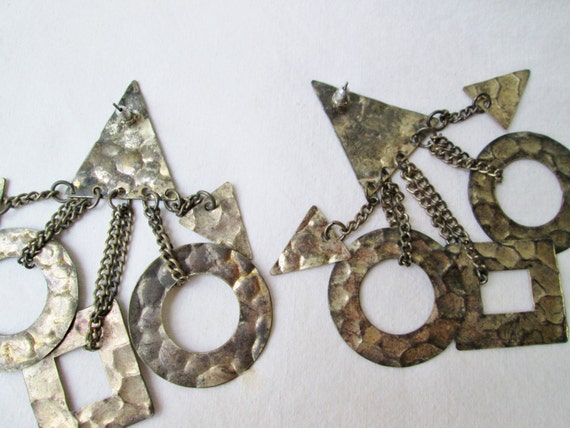Geometric Hammered Metal Earrings Silver Rustic V… - image 5