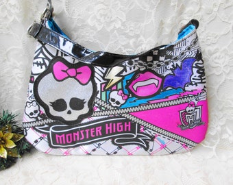 Monster High Glittery Purse Girl's Handbag Top Handle or Shoulder Bag Glittery Goth Skull Hot Pink Satin & Canvas Bag