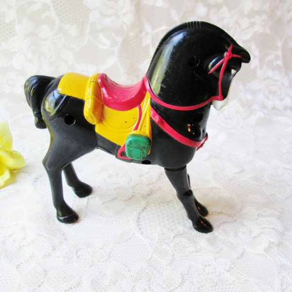 Small Horse Wind Up Toy Miniature 5" Jumping Bouncing Horse Disney Black Horse with Saddle Moving Jumping Black Horse Stocking Stuffer