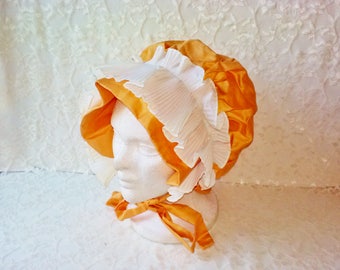 Orange Prairie Sunbonnet Vintage Adult Handmade Bonnet Women White Ruffle Trim Victorian Hat Milkmaid Farm Pioneer Country Gardening Hat