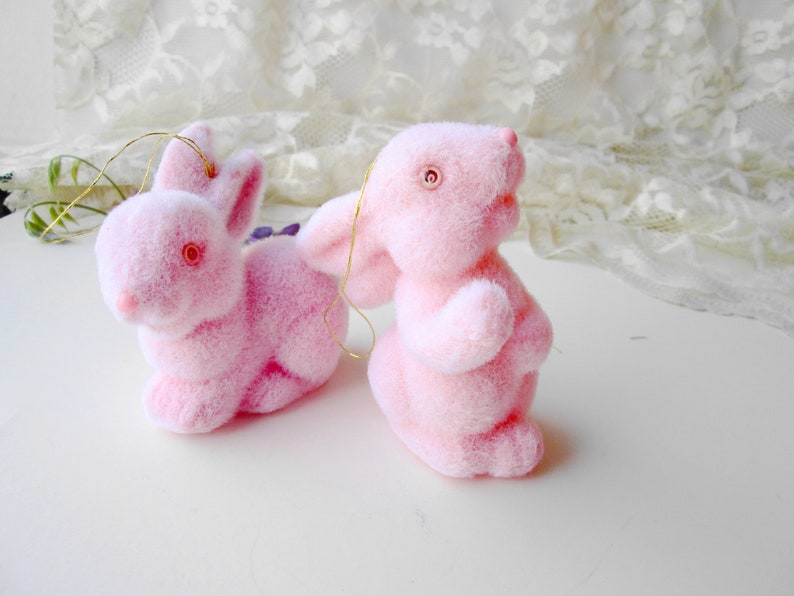 Pink Bunny Rabbits Flocked Easter Bunny Ornament Set NOS Standing