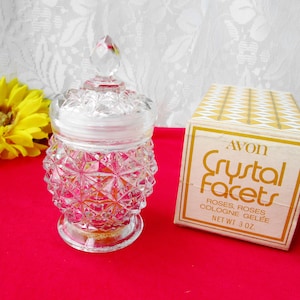 Avon Crystal Facets Roses Roses Cologne Gelee 3oz Jar Clear Cut Crystal Jar with Top Lid Original Box Almost Empty Jar