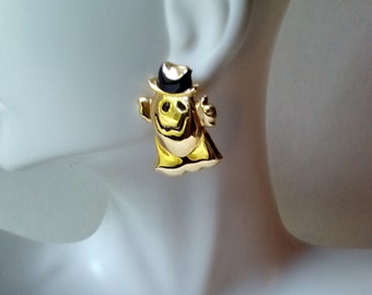 Halloween Ghosts Earrings Shiny Gold Metal Happy Ghost w Black Top Hat Novelty Vintage Spooky Scary Festival Day of Dead