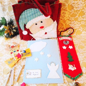 Lot of 4 Assorted Christmas Gifts includes Christmas Santa Bag /Red Door Hanger /Wooden Reindeer Wind Chime /Angel Wall Hanging All in 1 Box