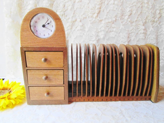 Wood Desk Organizer Expandable Letter Holder w Clock & Drawers Vintage Desk Set Monthly Home Office Decor Accessories Writing Organizer