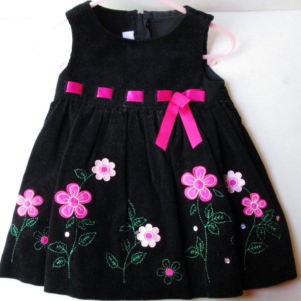 Baby Girl Dress Jumper Vintage Bonnie Baby Size 12 months Black Corduroy Pink Green Embroidered Flowers Leaves Colorful Play Outing Clothes