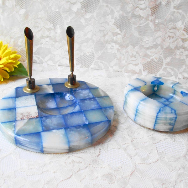 Marble Desk Set Vintage Blue & White Marble Ink Pen Well and Ashtray /Ink Holder Set Brass Ink Pen Holders Man Cave Office Home Decor