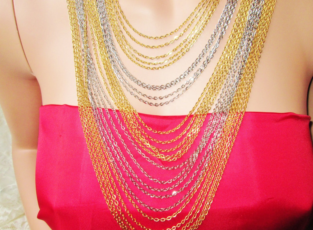 Multi Chain Necklace Gold & Silver Chains Cascade Necklace Vintage 25