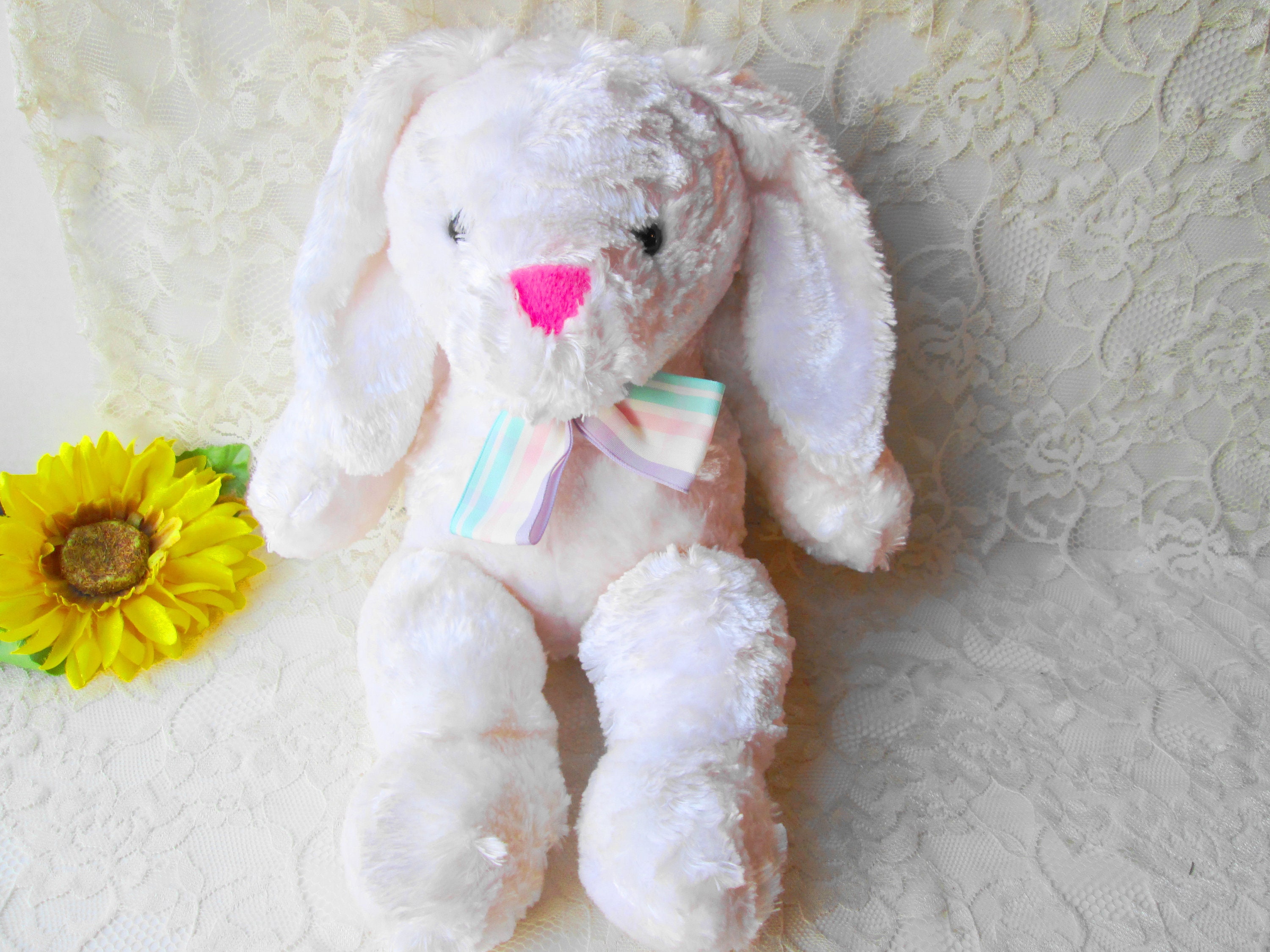 Plush Easter Bunny Rabbit Dan Dee Collectors Choice White Pink Peter Rabbit Extra Soft Silky Fur Bunny Pastel Multi Color Ribbon Bow Etsy