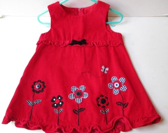 Red Jumper Dress Baby Girl Sz 12 Mo Vintage Red and Black Dress Embroidered Flowers & Buzzing Bee Corduroy Type Spring Summer Christmas Gift