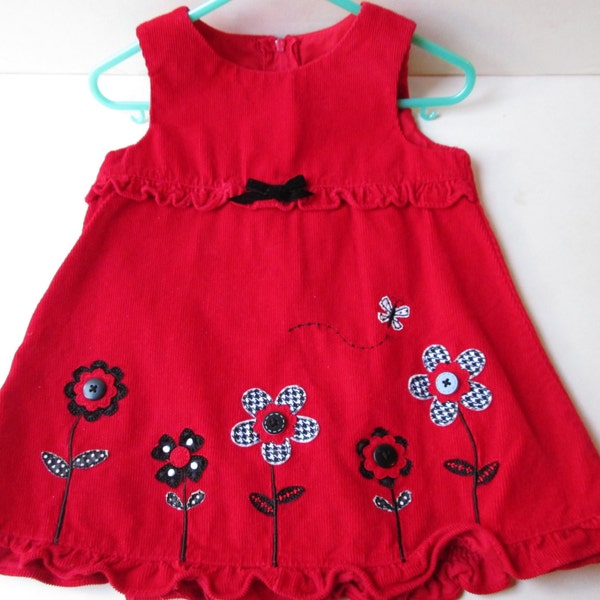 Red Jumper Dress Baby Girl Sz 12 Mo Vintage Red and Black Dress Embroidered Flowers & Buzzing Bee Corduroy Type Spring Summer Christmas Gift
