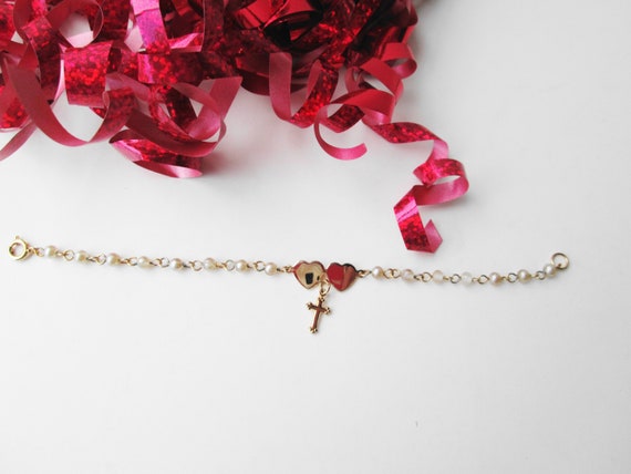 Double Hearts Cross Charm & Pearls Bracelet Sweet… - image 5