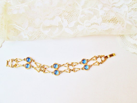 Gold & Blue Glass Bracelet Vintage New Triangle G… - image 1