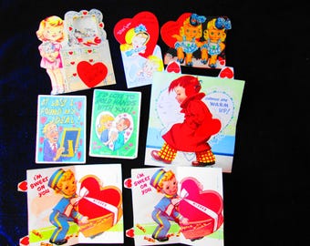 Vintage Lot of 8 Assorted Valentine Cards Unused Children Flocked Fold Out Cards
