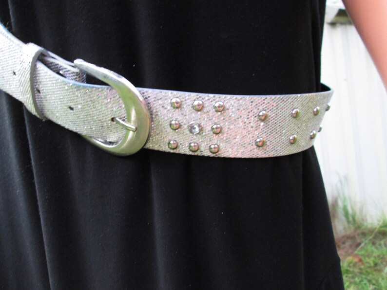 Silver Leather Glitter Belt Metal Studded Belt Women's Etsy