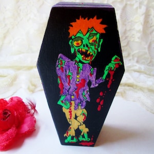 Wood Coffin Box Zombie Graveyard Jewelry Trinket Box Wood Hand Painted Hinged Felt Lined 3D Painted Halloween Birthday Home Desk Decor