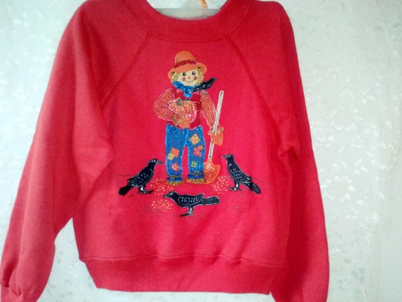 Sparkly Scarecrow Farmer Red Sweatshirt OOAK Hand… - image 3