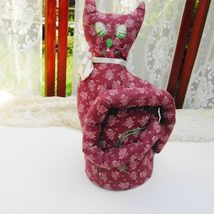 Primitive Cat Doll Fabric Cat Vintage Folk Art Stuffed Sitting Cat Cloth Embroidered 14-1/2&quot; Tall Kitty Cat Home Decor Doorstop Shelf Kitty