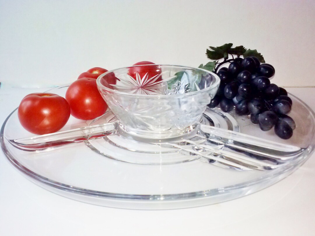 Large Clear Glass Divided Round Serving Plate and Bowl Set Etsy