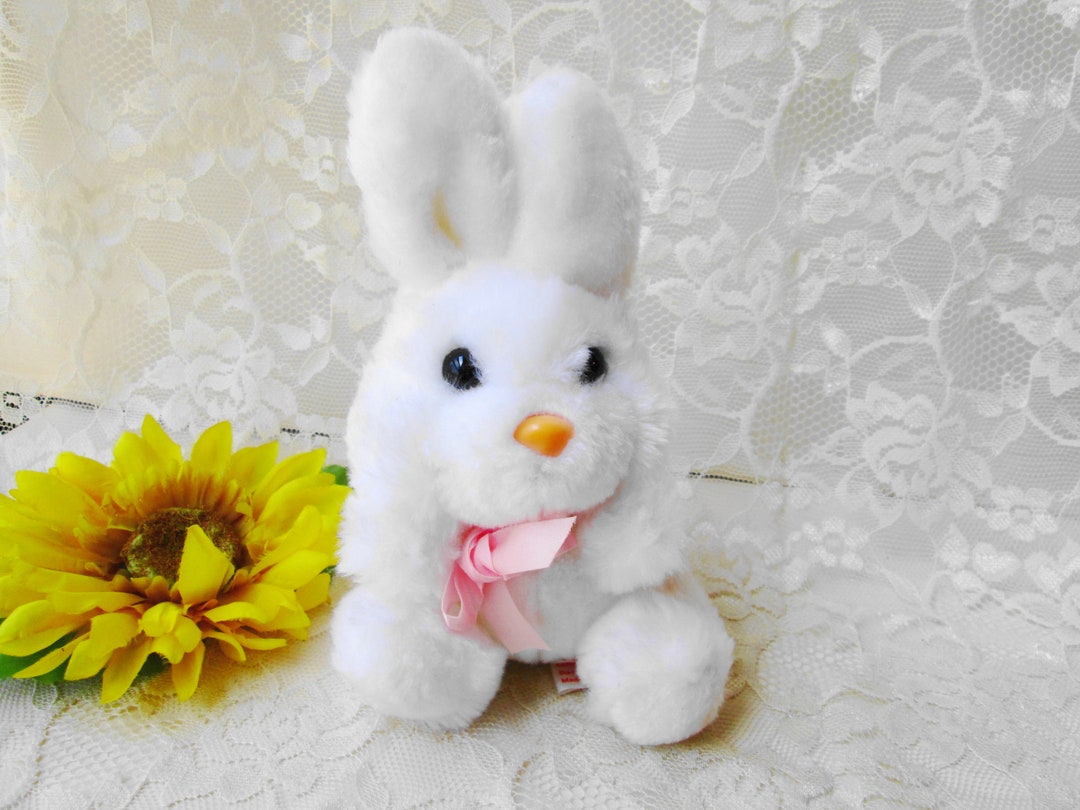 Plush White Easter Bunny Rabbit With Pink Bow Small Stuffed Bunny ...