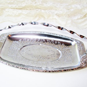 Silver Serving Tray Chrome Small Platter Vintage NIB Silvertone Metal Plate Service Dish w Twisted Handle Chrome Plateau Kitchen Table Decor
