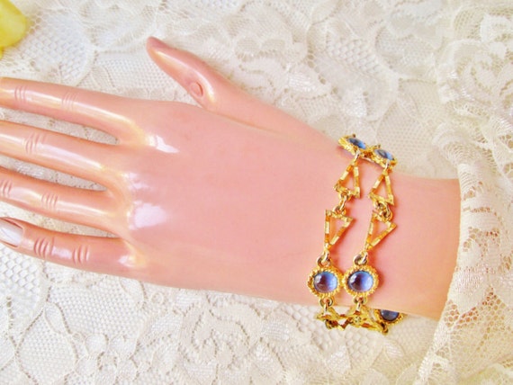 Gold & Blue Glass Bracelet Vintage New Triangle G… - image 4
