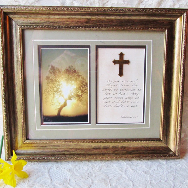 Framed Picture Tree Cross w Scripture Vintage Unused Wall Hanging Decor Double Religious Christian Spiritual Home Rectory Church Easter Gift