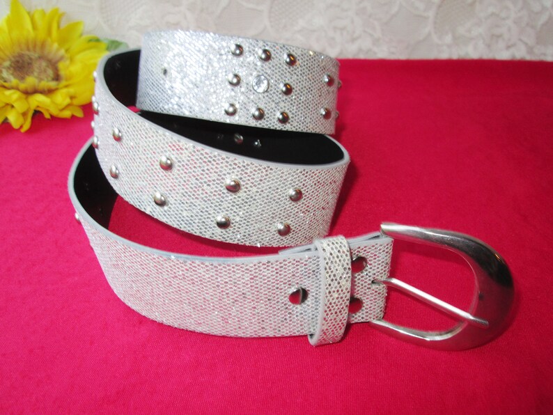 Silver Leather Glitter Belt Metal Studded Belt Women's Etsy