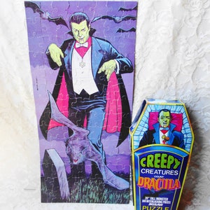 Rare Creepy Creatures Dracula Monster Jigsaw Puzzle Complete w Coffin Box Large 20&quot; tall 100 pcs Count Dracula Halloween Puzzle HG Toys