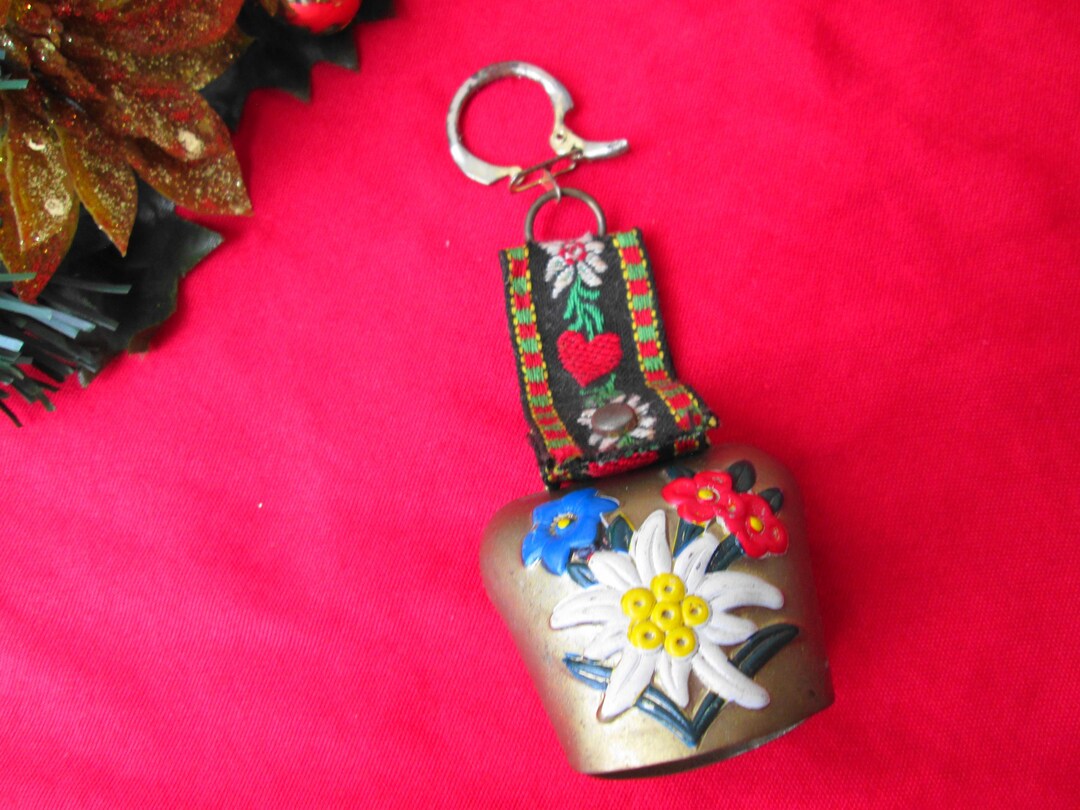 Vintage 1950's Swiss Brass Cowbell Keychain Eidelweiss Alpine Flowers ...