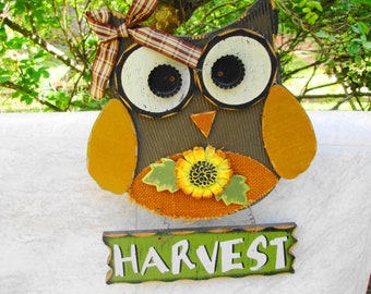 Rustic Wooden Owl Harvest Sign Fall Wall Hanging Farm Country Cabin Porch Folk Art Yard Sign