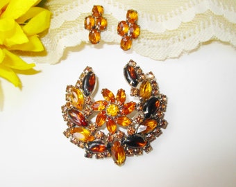 Juliana Gold & Topaz Brown Crystal Brooch Earring Set Vintage Big Flower Pin Fall Autumn Color Marquis Cabochons Rhinestones Weiss DE?