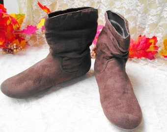 Brown Suede Leather Ankle Boots Flat Slouch Boots Soft Short Boots Women/Girls Boots Size 8 to 8-1/12