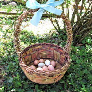 May include: A woven wicker basket with a blue ribbon handle, filled with a variety of brown and white eggs.