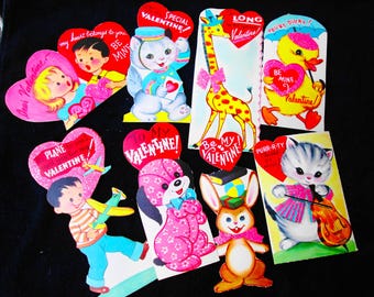 Vintage Lot of 8 Assorted Valentine Cards Unused Glittered Animal & Children Cards