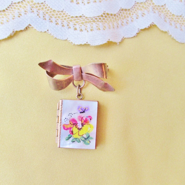 Book Locket Bow Brooch Antique Mother of Pearl Hand Painted Colorful Flower & Bee Goldtone Brass Double Sided Frames Copper Bow