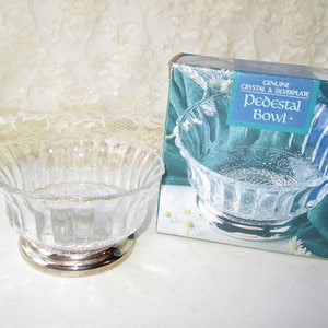 Crystal and Silverplate Pedestal Bowl Vintage Clear Etched Glass Crystal Galleries Fairfield Pedestal Nut Candy Dish Bowl NIB New Old Stock