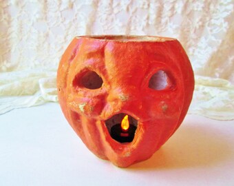 Antique Halloween Choir Boy Pumpkin 1930-40's Pulp Jack O Lantern w Battery Flicker Light Spooky Home Decor Paper Mache Trick or Treat Pail